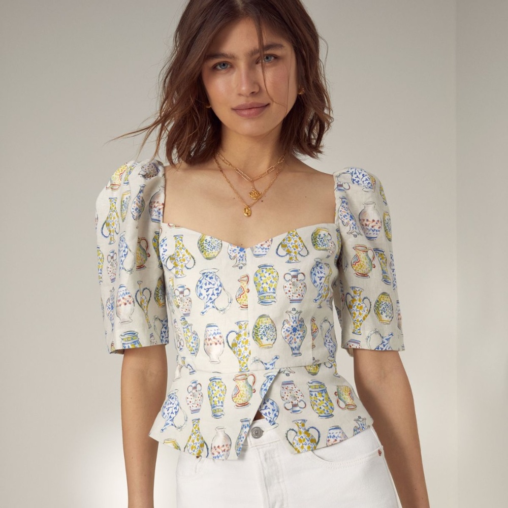 WILFRED Aritzia Linen Smocked Puff Sleeve FATALE Vase Print Blouse XS
